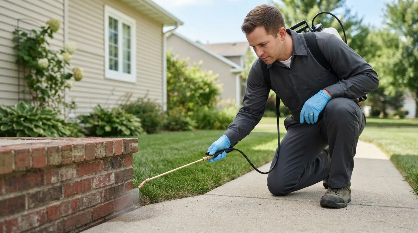 Pest control technician treating a home near Windom, KS